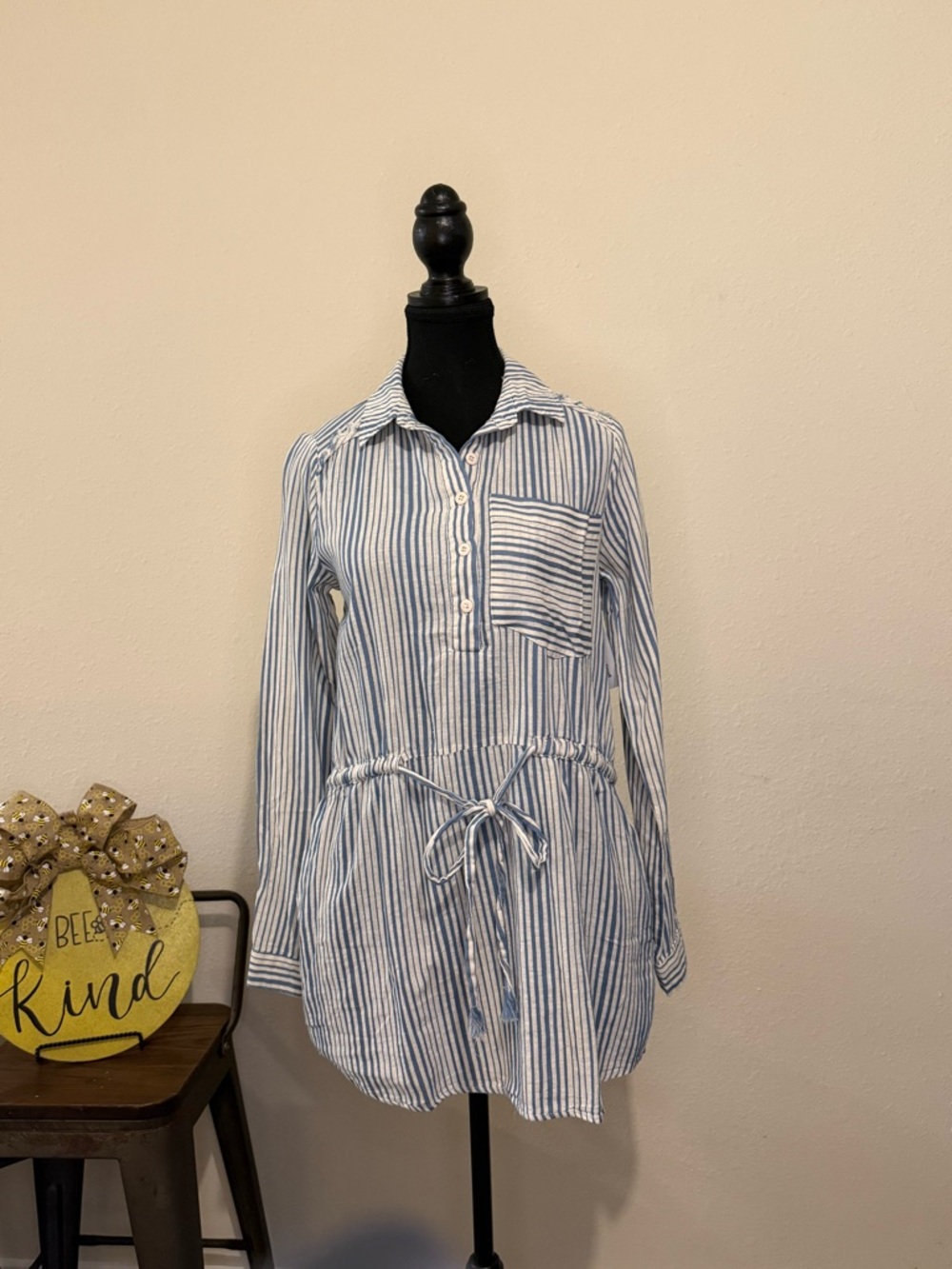Mono B Blue & White Striped Drawstring Tunic